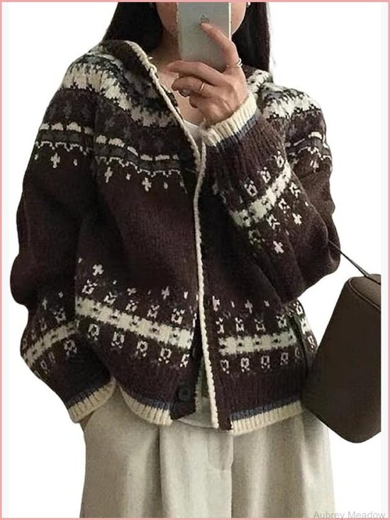 Sweaters - Color Block Knit Cardigan Sweater with Hood Snowflake Fair Isle Long Sleeve